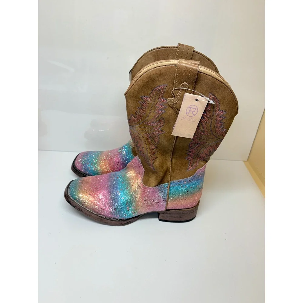 Roper Girls Size 3 Rainbow Glitter Tan Cowboy Boots Square Toe